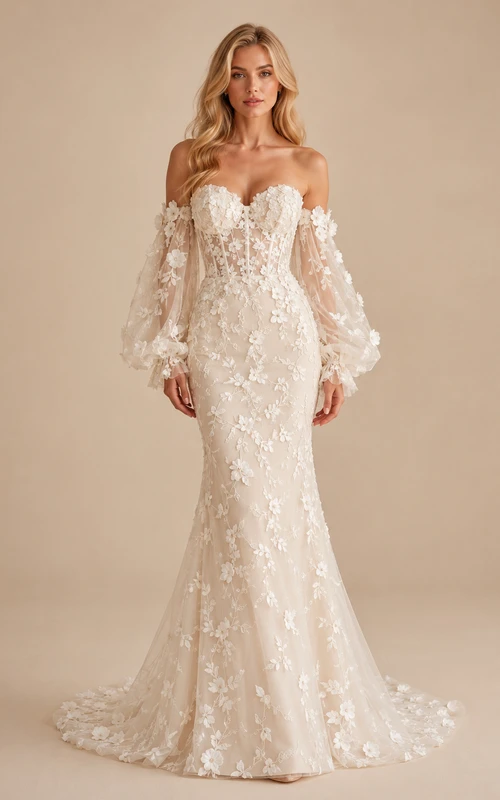 Detachable Floral Sleeve Lace Mermaid Studio Bridal Gown