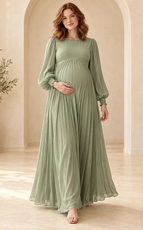 Maternity Long Sleeve Modest Sage Bateau Fine Pleated Formal Gown