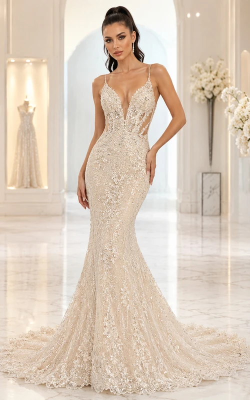 Robe de mariée sirène à bretelles spaghetti, col en V, perles, dos nu et traîne, ornée de perles