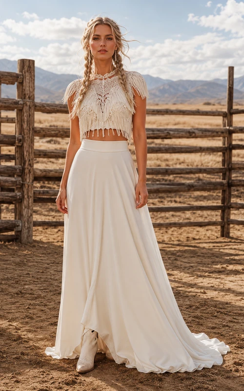Vestido de dos piezas estilo rancho western con cuello alto y flecos, corte A