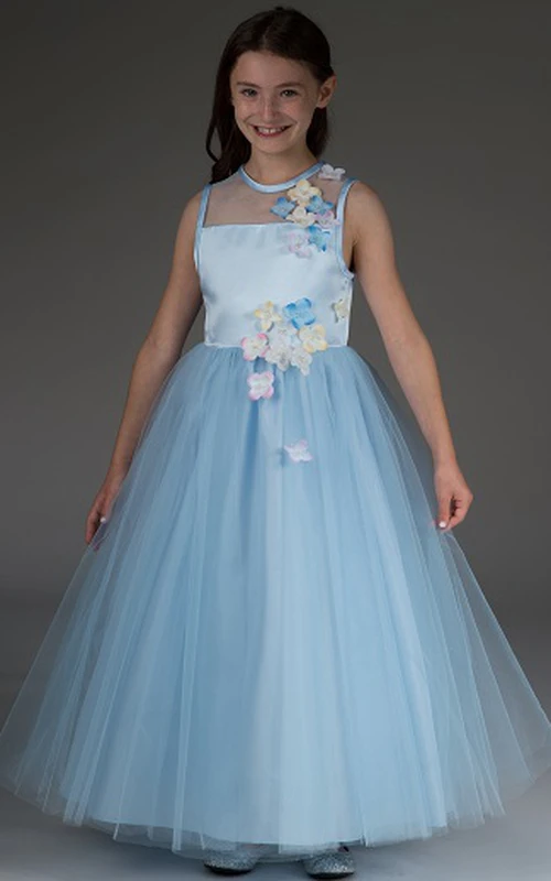 Vestido de gala de tul sin mangas con cuello joya para niña de las flores y estampado floral.
