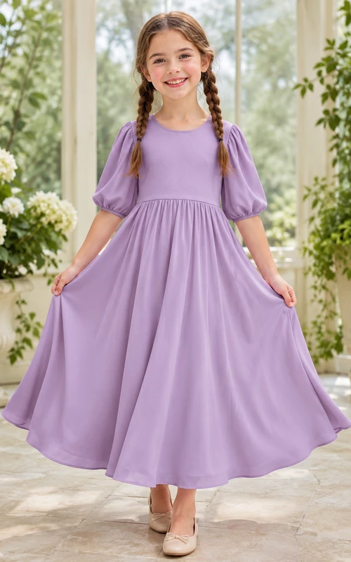 Flower Girl Dress A-Line Lilac Sensory Friendly Jersey Puff Sleeve Party