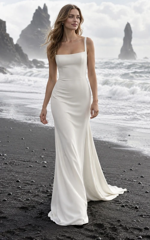 Vestido de novia de crepé sin mangas con escote cuadrado y espalda abotonada.