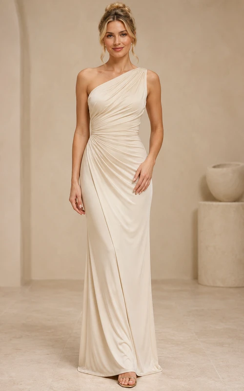 Evening Gown Ivory Jersey Sheath One Shoulder Sleeveless Ruched Floor Length
