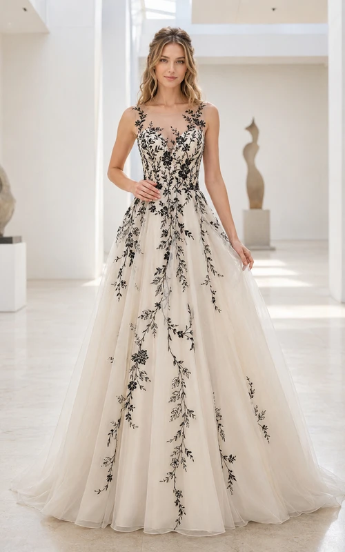 Schwarzes, ärmelloses, modernes A-Linien-Brautkleid mit Blumenstickerei