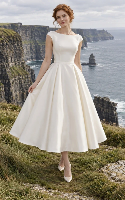 Vestido de novia vintage sencillo de satén mate, corte en A, largo hasta la rodilla, escote barco y manga corta