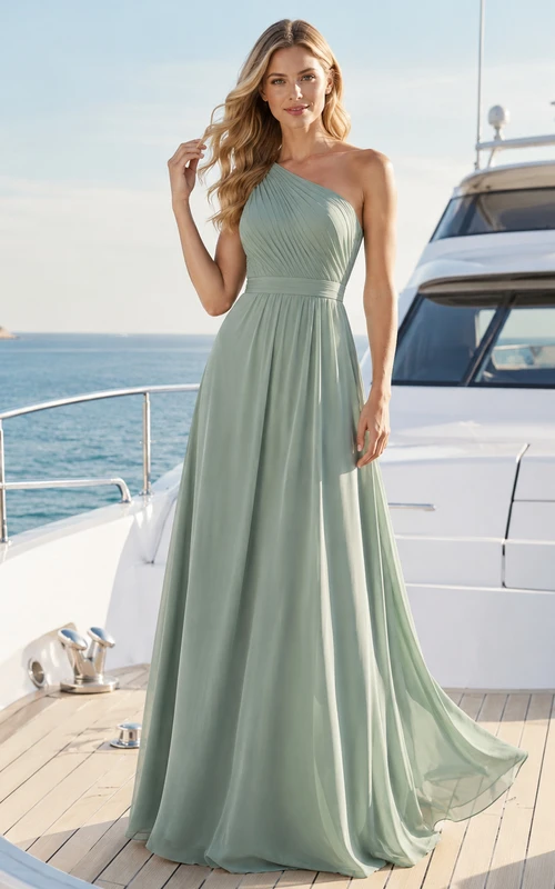 Sage Yacht A-Line Chiffon Bridesmaid Dress with Sleeveless One-Shoulder Bodice, Pleated Floor-Length Skirt and Low V Back