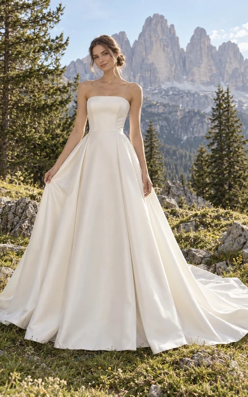 Sencillo vestido de novia palabra de honor de satén, corte en A, con cola larga hasta el suelo.