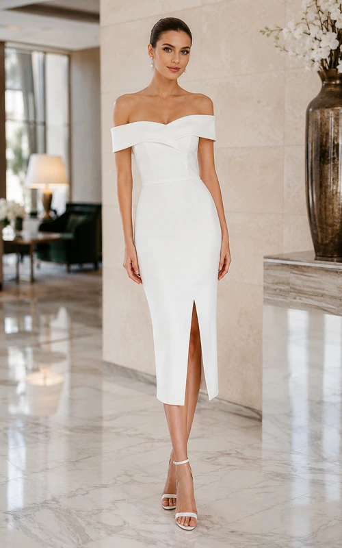Schulterfreies, knielanges Brautkleid aus Satin mit vorderem Schlitz