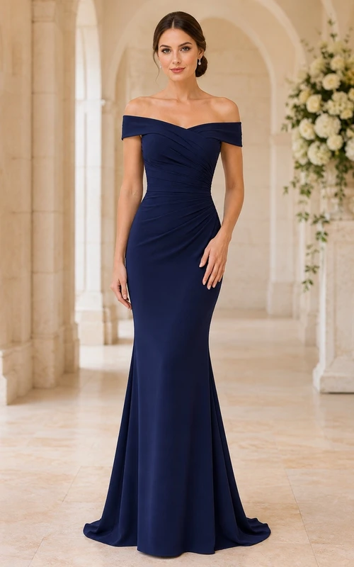 Dark Navy Off-Shoulder Sleeveless Floor-Length Satin Mermaid Dress