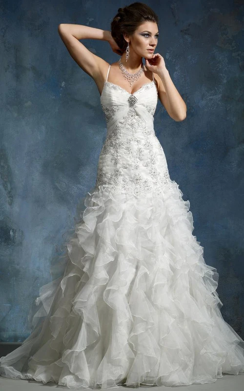 A-Line Long Sleeveless Cascading-Ruffle Spaghetti Organza Wedding Dress With Broach And Beading