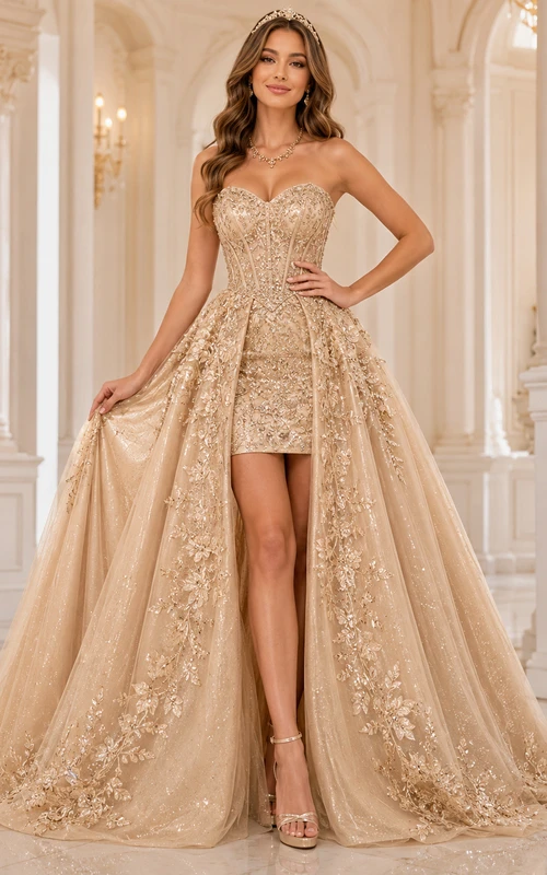 Champagne Strapless Sweetheart Glitter Beaded Tulle Ball Gown High Low Quinceanera Dress