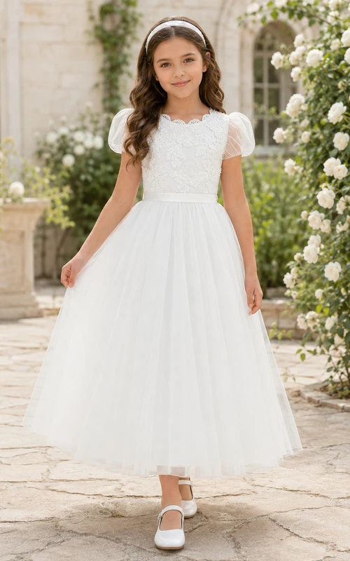 Vestido de comunión de niña de las flores con corpiño de encaje y mangas abullonadas, largo hasta la rodilla.