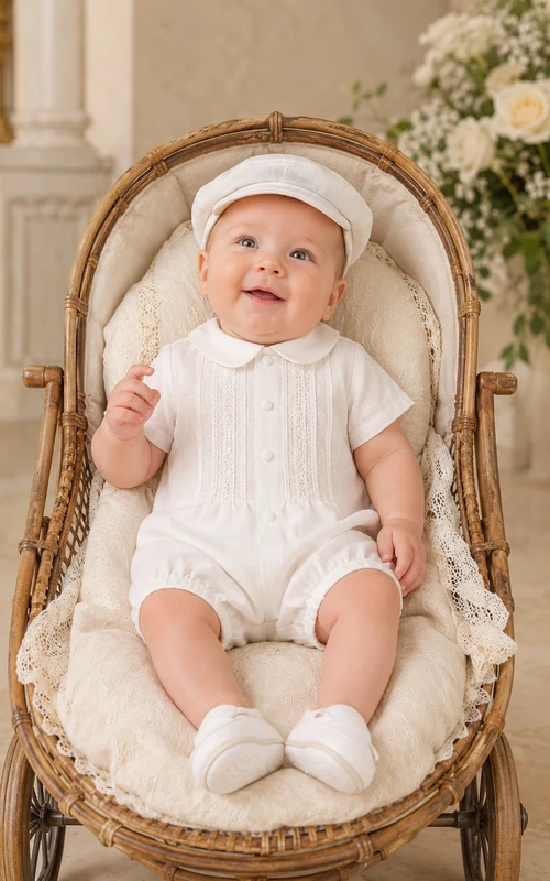 White Pintuck Sailor Collar Short Sleeve Christening Bubble Romper for Baby Boy