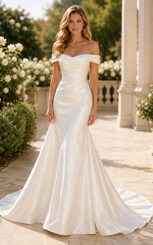 Robe de mariée sirène en satin à épaules dénudées et traîne balayée