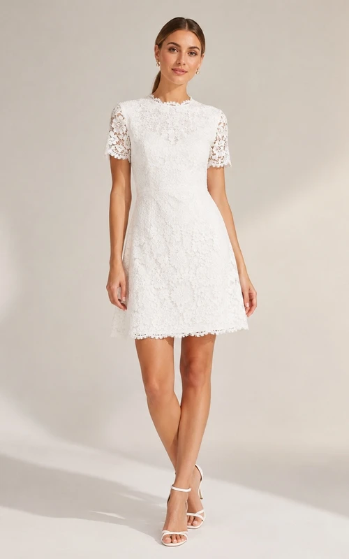 Weißes, kurzärmeliges, hochgeschlossenes Mini-A-Linien-Spitzenkleid für Gäste