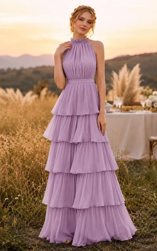 Lilac High Halter Tiered Chiffon Floor Length Guest Dress