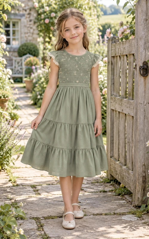 Vestido de niña de flores de corte A, manga corta, corpiño de lunares y volantes, color verde salvia, largo hasta la rodilla, con lazo en la espalda.