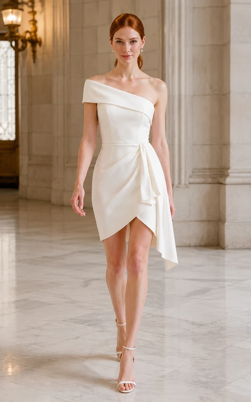 Robe de mariée courte fourreau blanche en satin à épaules dénudées et coupe portefeuille
