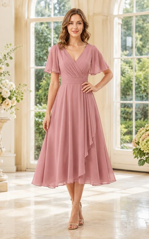 Romantisches Cocktailkleid aus altrosafarbenem Chiffon mit V-Ausschnitt, kurzen Ärmeln und Teelänge in A-Linie