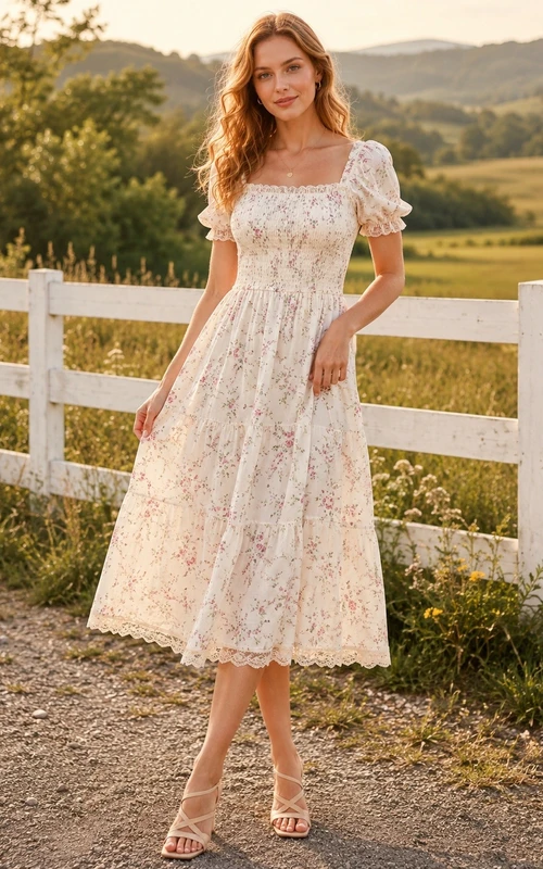 Lässiges, kurzärmeliges, teelanges Sommerkleid aus floraler Spitze im Landhausstil