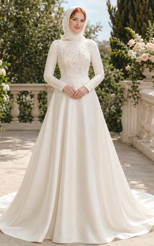 Vestido de novia musulmán de satén con escote barco y cola de capilla