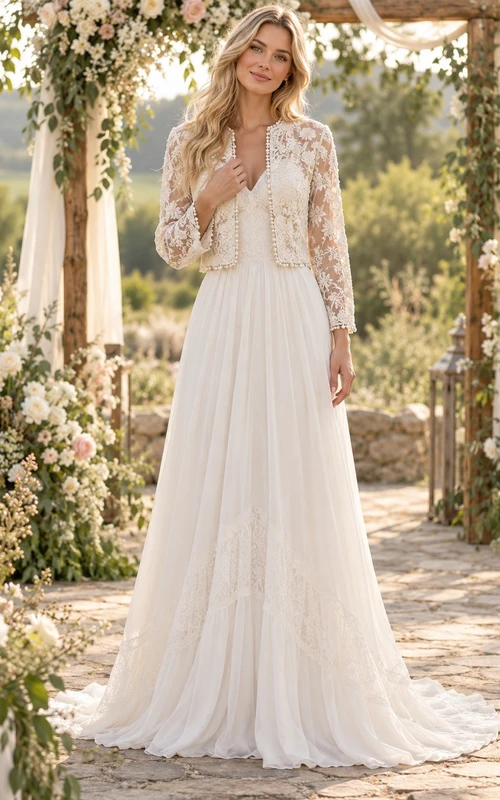 Robe de mariée bohème courte à manches longues et veste en dentelle fluide trapèze
