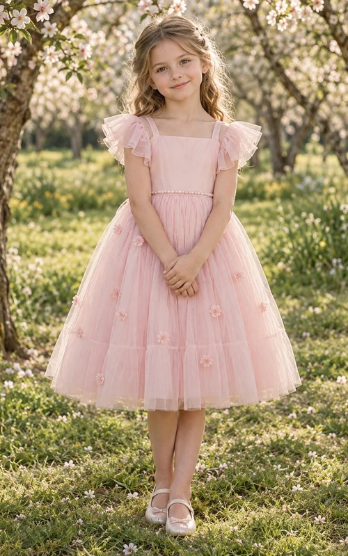 Square Neck Blush Flutter Sleeve Pearl Waist Rose Applique Tea-length A-Line Gathered Tulle Flowergirl Dress