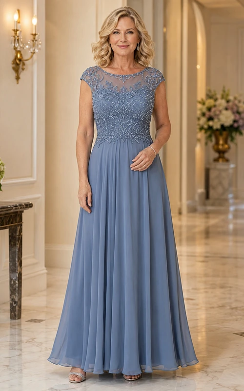 Staubblaues, perlenbesetztes Chiffon-Kleid in Bodenlänge – Mutterkleid