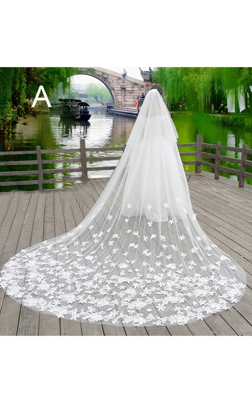 Voile super long en tulle à longue queue, orné d'appliqués de dentelle, style coréen