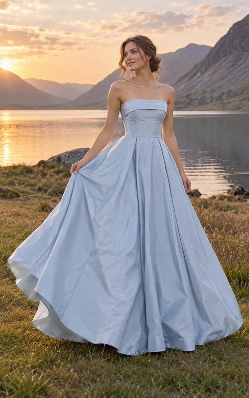 Vestido de novia sencillo azul cielo sin tirantes ni mangas, de tafetán, estilo princesa.