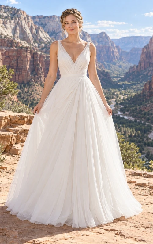 Vestido de novia sencillo, de corte A, largo hasta el suelo, con escote en V, sin mangas, cintura fruncida y plisada de tul.