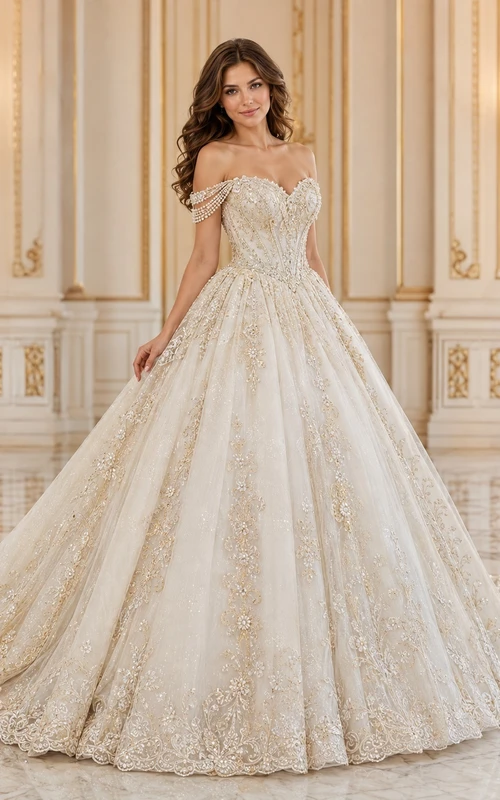 Goldbesetztes Ballkleid mit Perlenstickerei, schulterfrei, kurze Ärmel, bodenlang, Kathedralenschleppe, luxuriöses Brautkleid