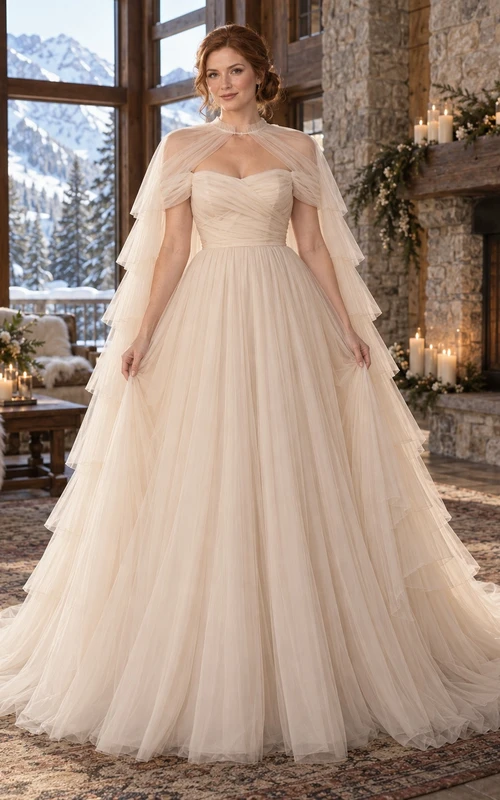 Winter Blush Ruched Bodice Sheer Tiered Tulle Cape A-line Wedding Dress