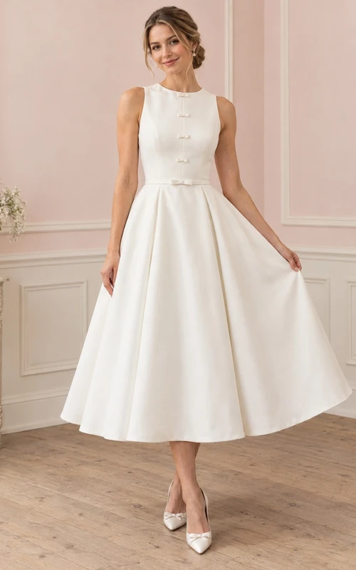Vestido de novia sencillo de crepé plisado, sin mangas, con cuello joya y lazo, largo hasta la rodilla.