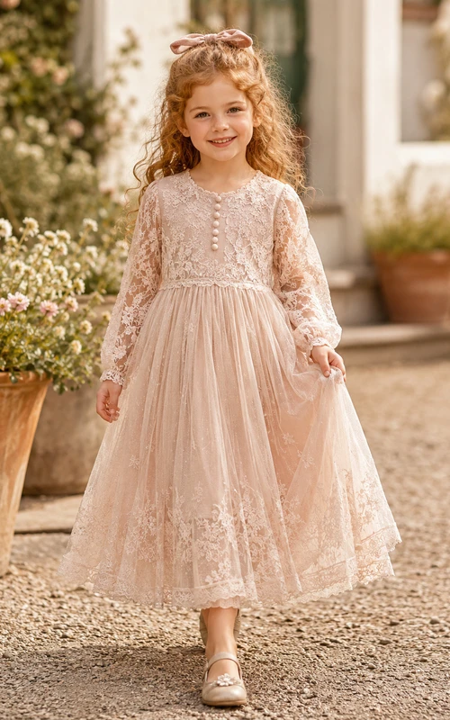 Flower Girl Dress Blush Lace Tulle A-Line Long Sleeve Scoop Neck Tea Length