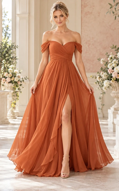 Burnt Orange Sweetheart Off Shoulder Chiffon Slit Evening Gown
