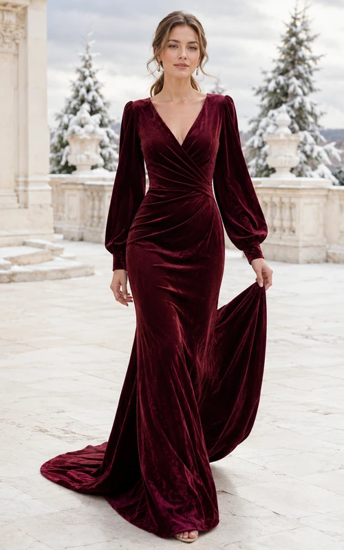 Robe de mariée sirène en velours bordeaux à col en V et manches longues, style poète, pour l'hiver