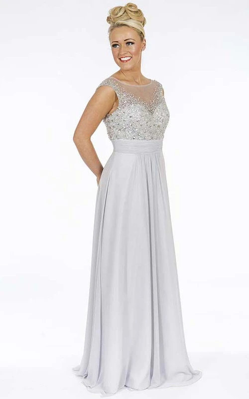 A-Linien-Abendkleid aus Chiffon mit Perlenbesatz, Rundhalsausschnitt, bodenlang, ärmellos