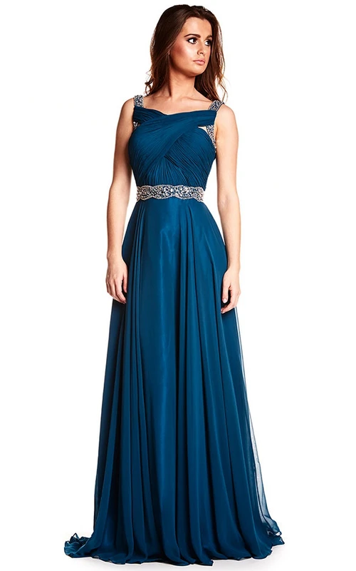 Robe de bal longue sans manches de coupe trapèze, ornée de perles, de bijoux de taille et de fronces
