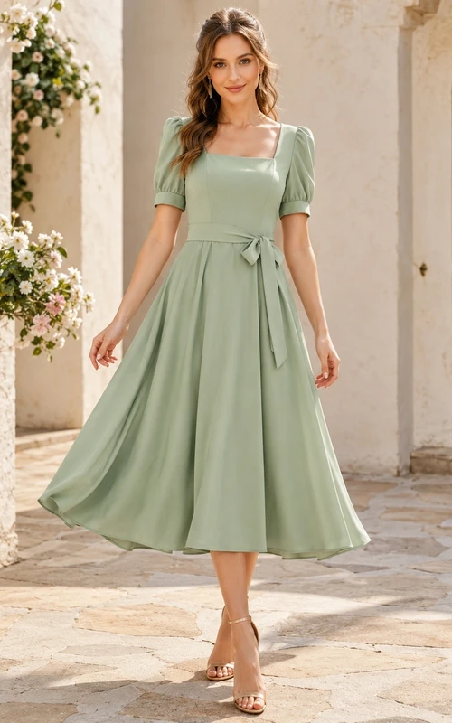 Sage Chiffon Scoop Neck Short Sleeve A-Line Tea-length Semi-formal Dress