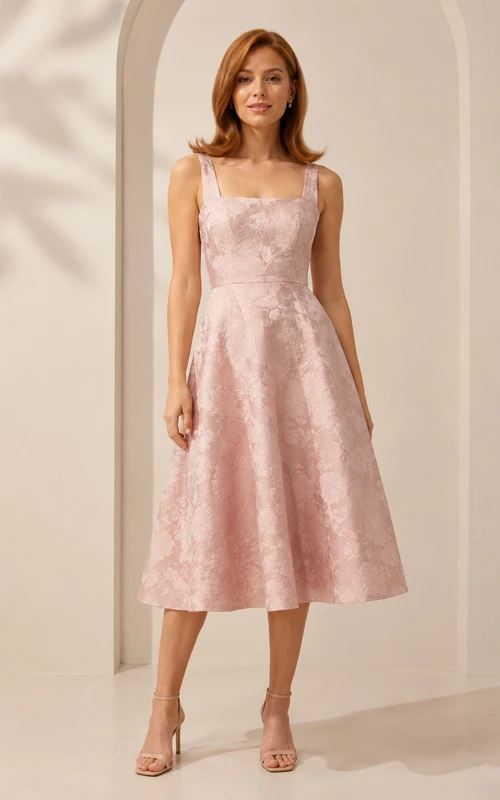 Robe trapèze mi-longue en dentelle florale rose poudré à col carré