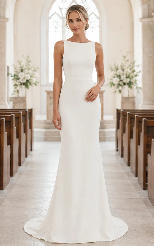 Vestido de novia sencillo sin mangas estilo barco de crepé estilo capilla