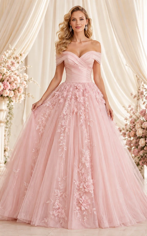 Vestido de princesa rosa ruborizado, escote Bardot, encaje floral, tul, cola larga, romántico, lujoso, para quinceañera