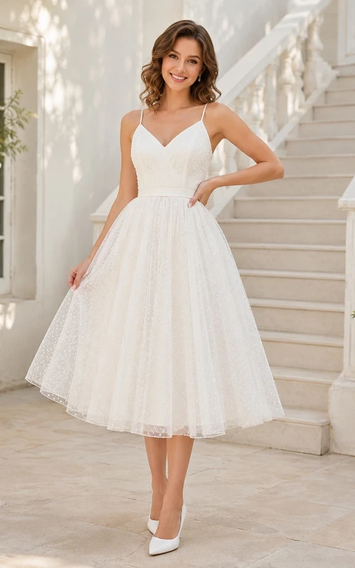 White Spaghetti V-Neck Lace Tulle A-Line Tea-Length Simple Prom Dress