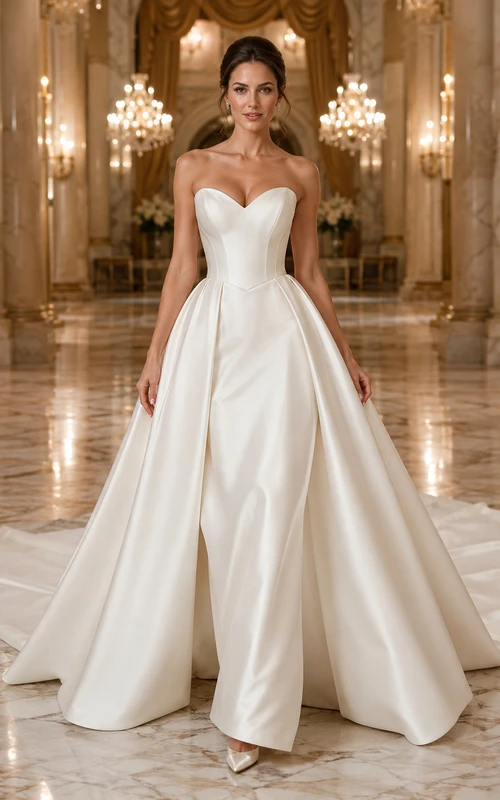 Vestido de novia minimalista de satén, estilo princesa, sin tirantes, escote corazón, cola de corte.