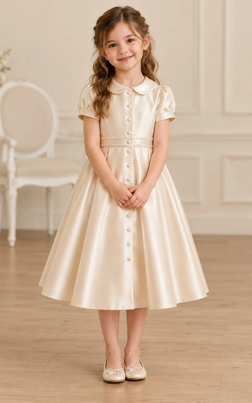 Cremefarbenes Blumenmädchenkleid mit Peter-Pan-Kragen, Puffärmeln und Knöpfen