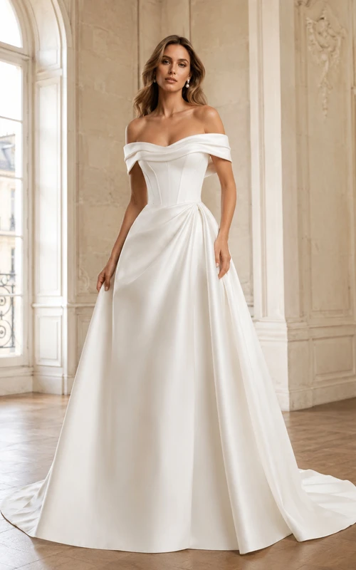 Robe de mariée en satin à épaules dénudées et décolleté cœur, coupe trapèze plissée, traîne courte