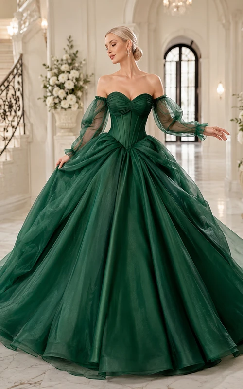Robe de mariée en satin vert foncé à épaules dénudées et manches bouffantes, corset et robe de bal