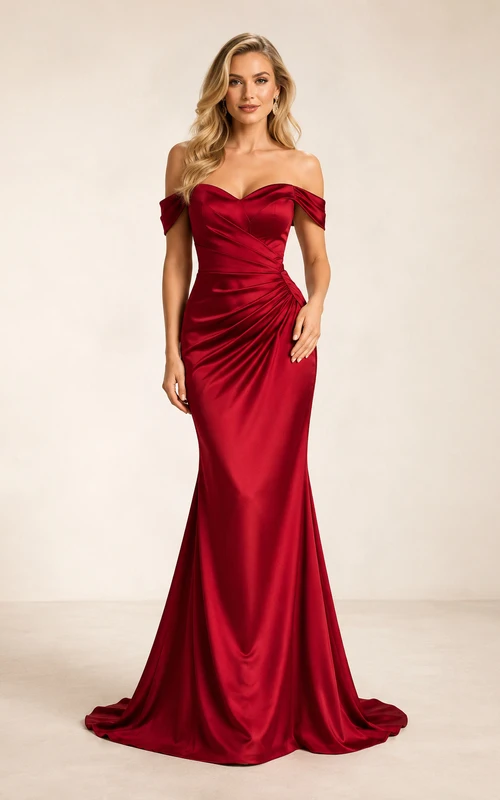 Evening Gown Red Satin Mermaid Off Shoulder Short Sleeve with Slit Sweep Train